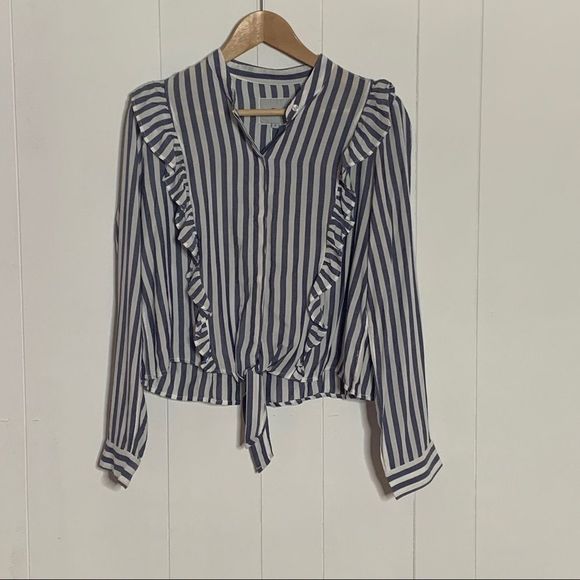 Tie Waist Striped Shirt Top Rails Button Front Size Small Blue and White - Picture 3 of 10